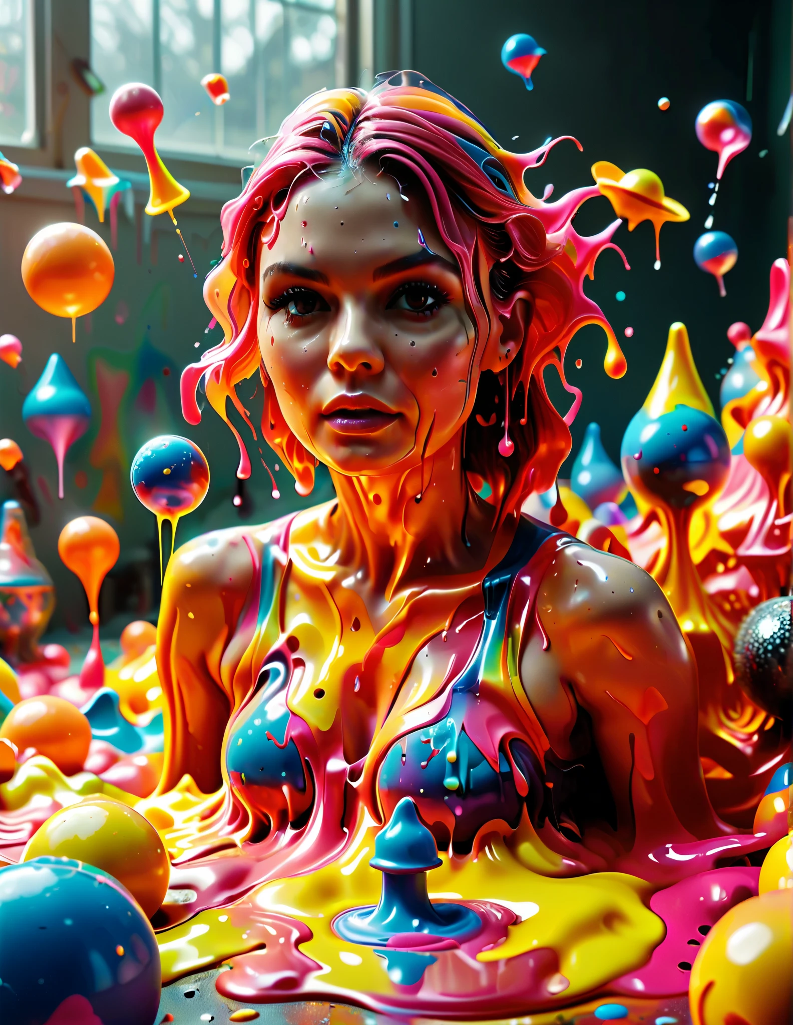 Photorealistic, beautiful woman on top of a giant pile of plastic toys including squirt guns, tricycles, dolls with large busts, action figures, ball bats, frisbees and yo-yos, being melted down into vibrant shiny neon colored goop. With the colors running together towards the viewer the boiling hot plastic melt is jumping off the floor and flying  towards the viewer, captured in stunning 3D cinematic photography with lighting, depth of field, bright colors, reflective slick melted plastic,  dripping splattered melted plastic in every color. Cinematic photography, realism, portrait photography, attention to facial features and colorful plastic flying at us!!