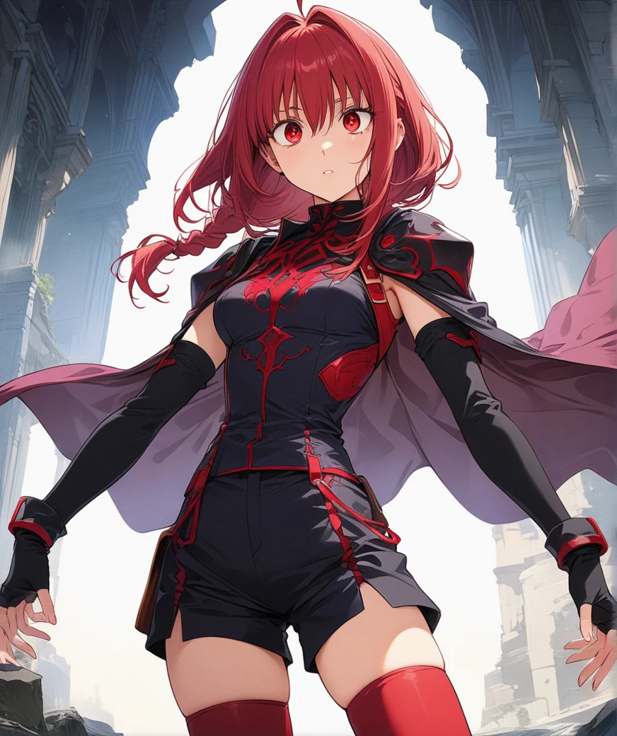 grimgaryume, yume, long hair, (red eyes:1.5), braid, red hair, single braid, BREAK thighhighs, gloves, boots, shorts, elbow gloves, fingerless gloves, cape, black shorts, red thighhighs, BREAK looking at viewer, BREAK outdoors, BREAK (masterpiece:1.2), best quality, high resolution, unity 8k wallpaper, (illustration:0.8), (beautiful detailed eyes:1.6), extremely detailed face, perfect lighting, extremely detailed CG, (perfect hands, perfect anatomy),
