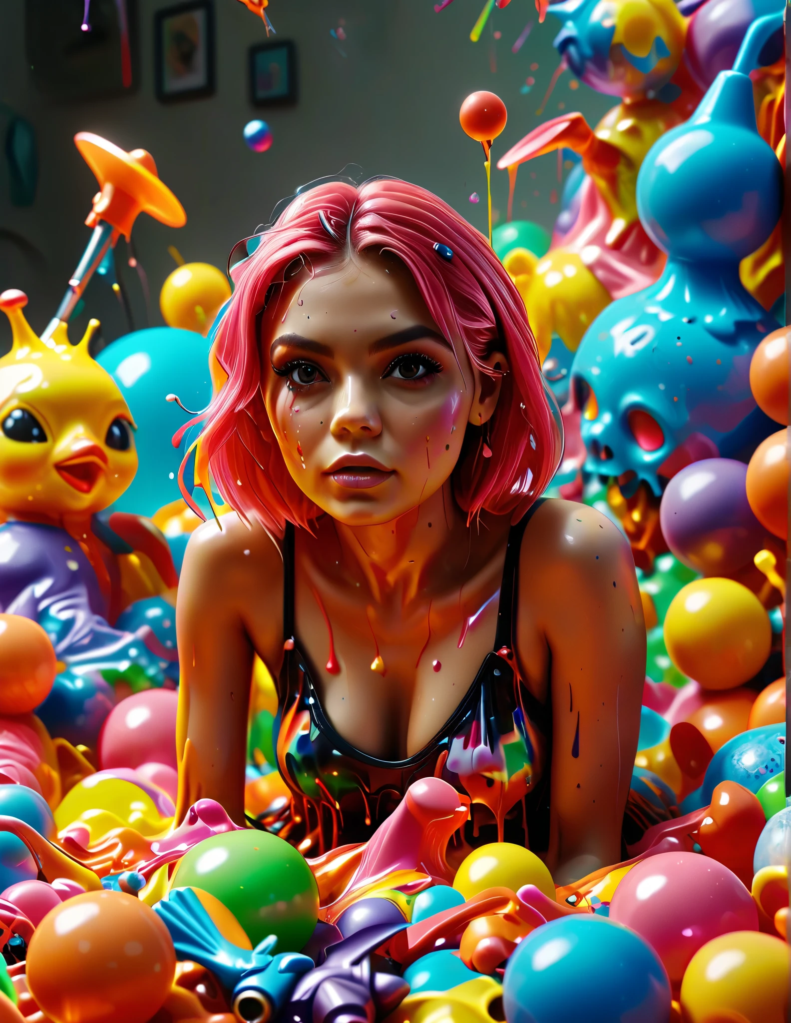 photorealistic beautiful detailed portrait of a woman, facing the camera, sitting on top of a giant pile of plastic toys including squirt guns, tricycles, dolls with large busts, action figures, ball bats, frisbees and yo-yos, being melted down into vibrant shiny neon colored goop, cinematic 3D photography, bright colors, reflective slick melted plastic, dripping splattered melted plastic in every color, extremely detailed facial features, large eyes, long eyelashes, beautiful lips, high quality, photorealistic, hyper detailed, ultra-detailed, masterpiece, (best quality,8k,highres,masterpiece:1.2),ultra-detailed,(realistic,photorealistic,photo-realistic:1.37),HDR,studio lighting,physically-based rendering,extreme detail description,professional,vivid colors,bokeh,portrait photography,attention to facial features,colorful plastic flying towards the viewer