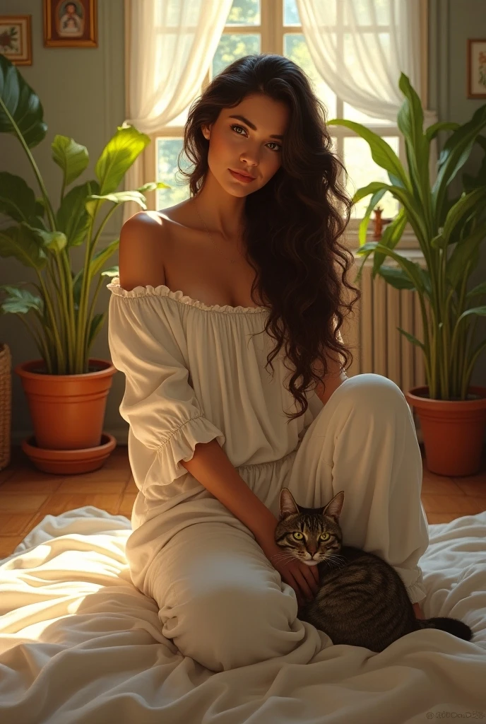 (photorealism:1.2), ( home clothes ), (playing with maine coon cat), cleavage, long curly hair, indoors, soft lighting, relaxed pose, realistic, intricate details, warm colors, realistic skin texture