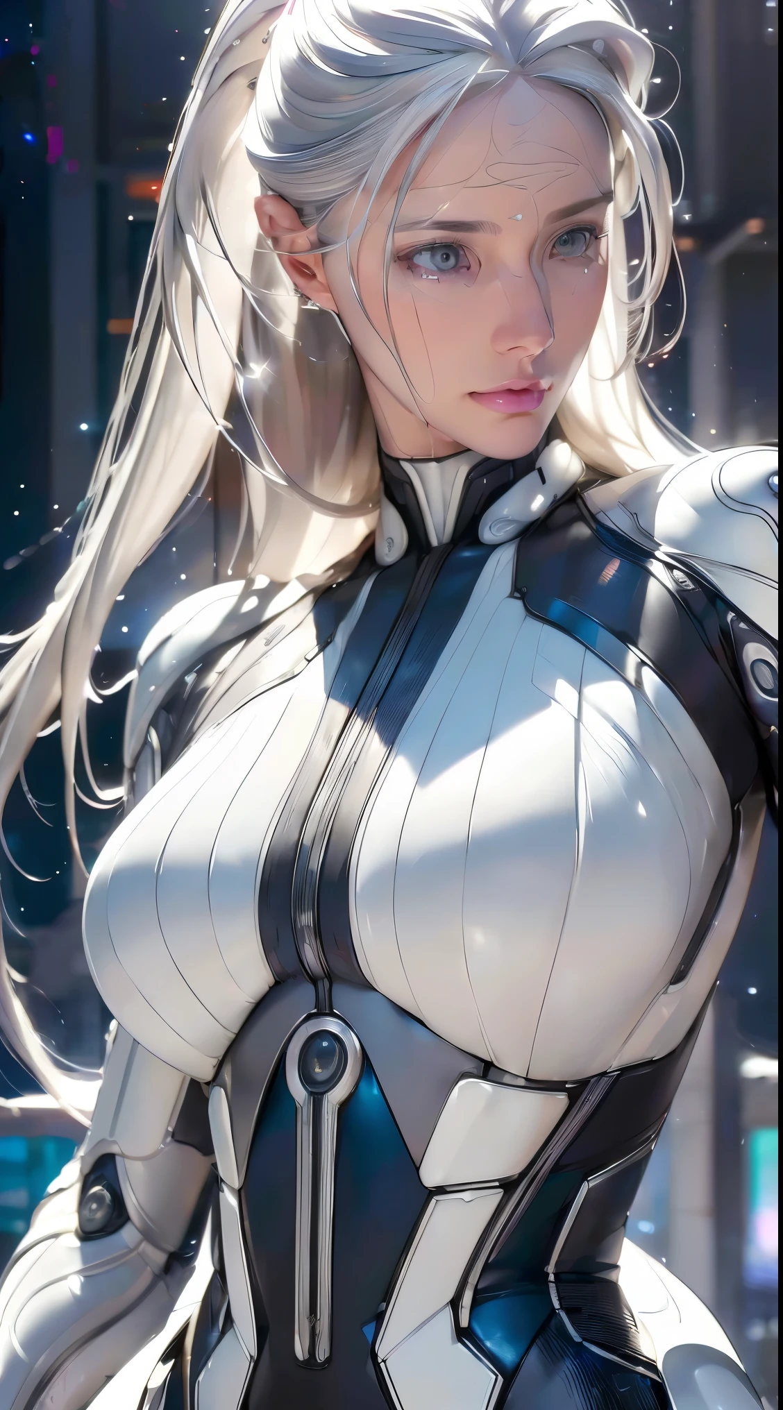 Insightful gray eyes, Long flowing white hair, Very long hair, Porcelain white face, Soft and shiny, Futurist, futurist suit, neon light suit, (((masterpiece:1.5),(highest quality:1.5),(Very detailed:1.5),(High resolution:1.5),(Realistic:1.5),(Realistic:1.5),(Delicate depiction),(Careful depiction))),8k,wallpaper