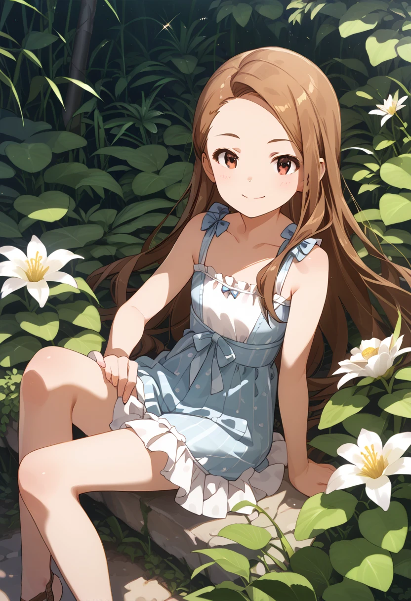 <lora:takagi-san_v1:1>, bbtakagi, ((masterpiece, best quality)),1girl, solo, barefoot, knees up, dress, sitting, short sleeves, looking at viewer, grass, long hair, smile, puffy sleeves, outdoors, puffy short sleeves, bangs, on ground, full body, animal, white dress, sunlight, dappled sunlight, day, depth of field <lora:BetterFeet:1>