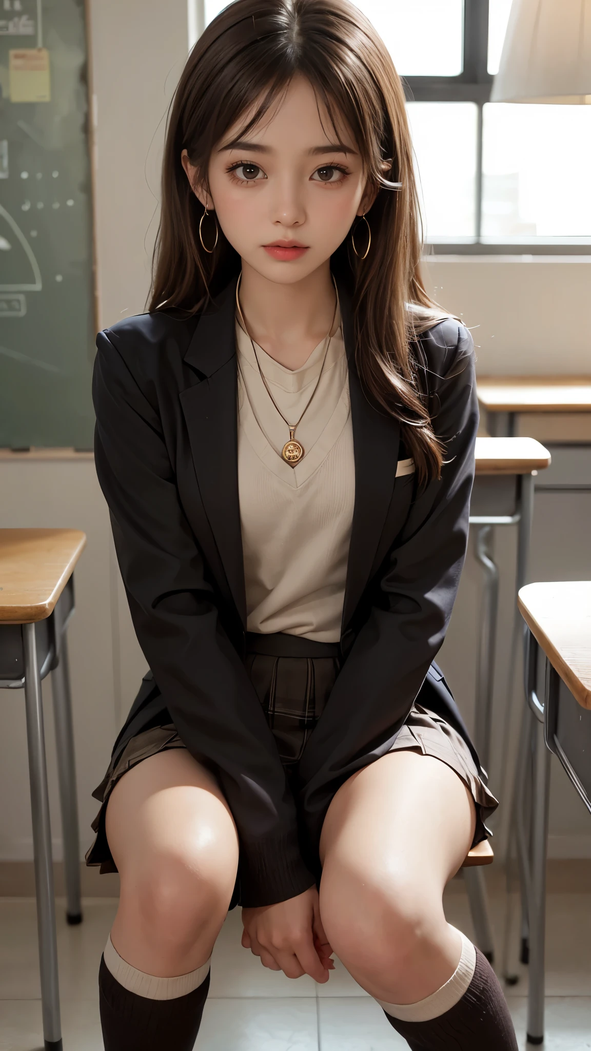 (8K, RAW photography, top-quality, tmasterpiece:1.2), 1girl in, 。.3D, Voluptious body, Beautiful face, Photogenic , 。.3D, Blazer uniform, skirt by the、long curly windblown blonde hair, Carnal lips, High school students, ((Classroom at evening))、 school uniform, Real, Photorealsitic、 shiny skins、beautiful delicate face、Beautiful delicate eyes、pleatedskirt、Lace panties、(Sleep on the floor)、(Troubled face)、(Red blush)、embarrassed from、 The skirt lifts itself、(Spread your legs wide)、Sitting with knees bent、(natta)、Natural soft light、Look away、Show off yours