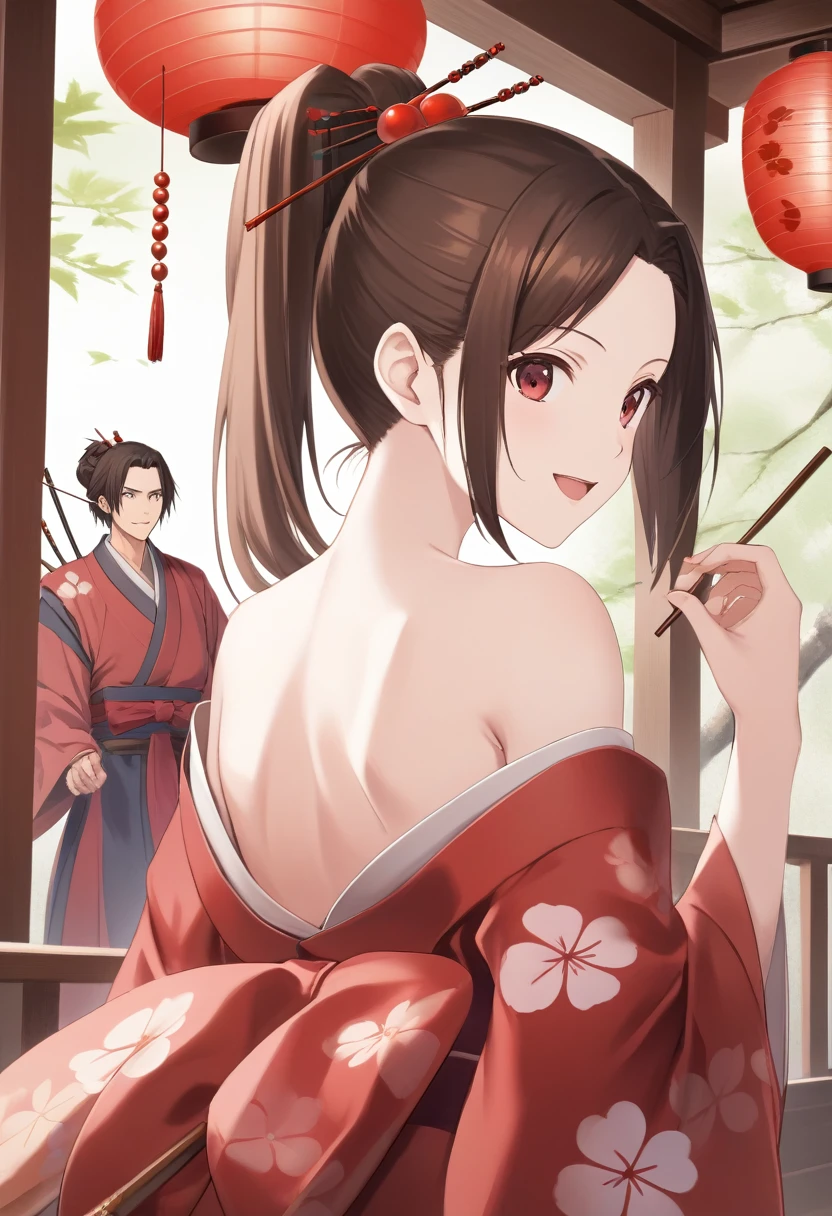 girl, Bare shoulders, back, looking back, looking viewer,, score_9, score_8, score_7, source_anime,fuu, kimono, hair ornament, hair stick, ponytail, An innocent smile, open mouth, have dango
1girl, Teahouse from a historical drama, red fabric, 1boy, boy back, Samurai Middle Ages