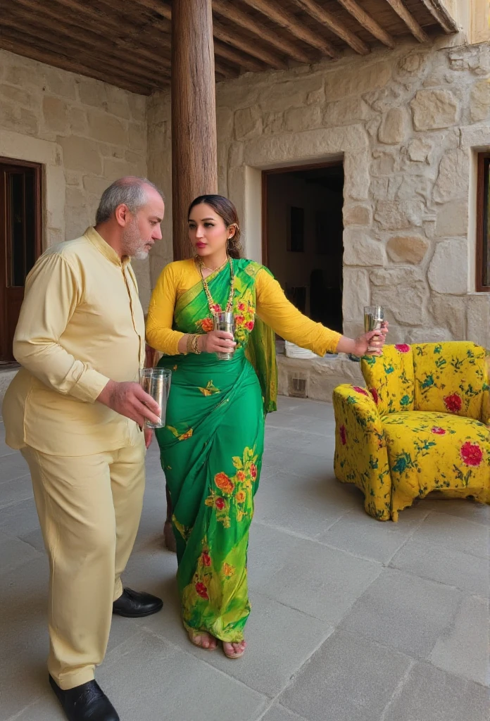 **Tags**  
(score_9, score_8_up), elderly man, older man, traditional Pakistani attire, white beard, wrinkled face, young man, husband, traditional Pakistani husband, casual interaction, Pakistani Muslim woman, traditional attire, yellow blouse, green saree, floral patterns, gold jewelry, serene expression, cultural setting, rural environment, stone courtyard, stone floor, wooden pillar, respectful interaction, steel glass, drinks, serving gesture, respectful gaze, emotional atmosphere, vibrant colors, rural charm, cultural richness

**Description**  
In a rustic courtyard, bathed in the warmth of vibrant green, yellow, and red hues, an elderly man and a younger man, the woman’s husband, are engaged in a thoughtful conversation. The elderly man, with his white beard and deeply wrinkled face, is dressed in traditional Pakistani attire. His presence is calm and wise as he shares a moment with the younger man, who listens attentively, dressed similarly in traditional clothing. The younger man, relaxed but respectful, gazes at the elder while the conversation unfolds. 

The woman, in a yellow blouse and green saree with floral patterns, moves gracefully between them, carrying two steel glasses filled with drinks. Her voluptuous figure is subtly accentuated by her attire, with the saree's pallu draping elegantly over her right shoulder. She wears delicate gold jewelry—nose ring, bangles, and a necklace—that adds sophistication. With a serene expression, she bends slightly as she hands the glasses to the men, her soft smile indicating respect and attentiveness. Her movements are graceful, reflecting both cultural elegance and emotional warmth as she serves them, embodying the respectful role of a woman in her household. The background of rustic stone floors and a wooden pillar completes the scene, enhancing the quiet, intimate atmosphere of this rural, traditional setting.