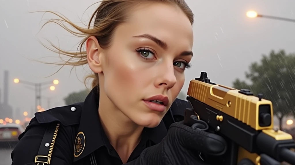photo of ellahunt-2380:0.99, a woman, ((police uniform, police hat)), ((closeup, portrait)), (outdoors, crime, mayhem, riot), ((detailed face, beautiful face):1.3), ((red lipstick, eyeliner, eye shadow))