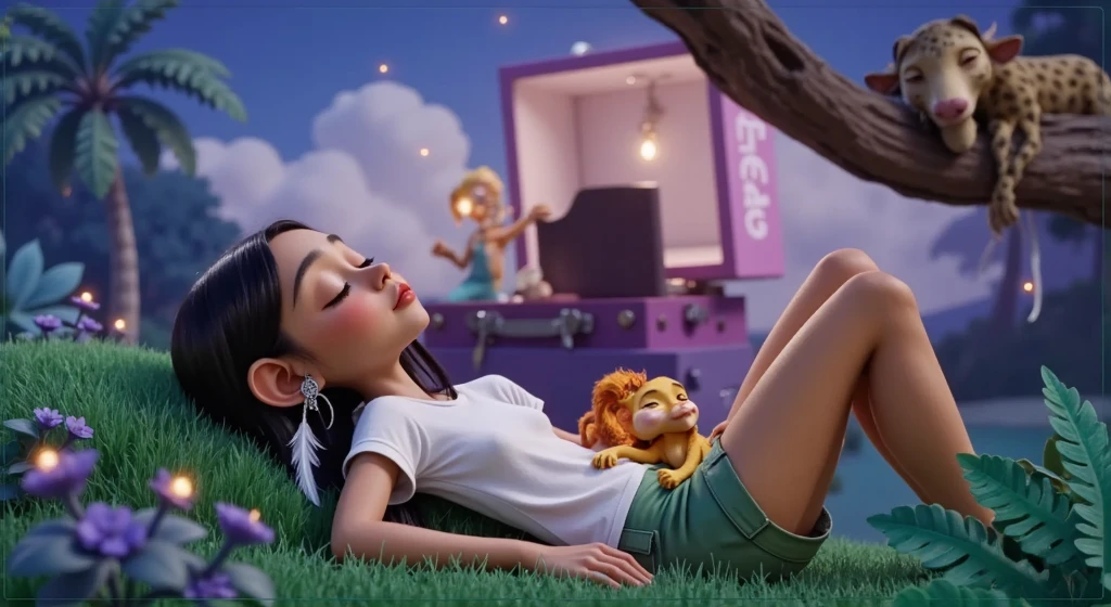 a Disney Pixar style 3D movie poster in high quality, create the image of a girl aged 12, ****, , age:12, , who sleeps, with her eyes closed, with black hair, long to the waist, long, shiny and silky, spread over a very green grass, making soft, natural and poetic ornaments, she is light brown, she is a Brazilian Indian, she wears a feather as an earring in her ear, she is wearing a white t-shirt without prints, very short green safari shorts , we can see her buttocks and the place where hairless urine comes out , sensual safari style, green, white socks, she has a beautiful body, she is a , but she already attracts the attention of men and males, she is in heat, she exudes odors that they attract males, both men and animals, she is one meter and 35 tall, has a beautiful body and is lying with her head on her arms in grass in the middle of the Amazon rainforest this image is centered and around her there are plants and natural trees of the place behind it there is a giant music box as if it were a fantasy and dreamlike element, pop art style, which illustrates the whole scene the environment has favorable lighting it is a peaceful sleep it is a night environment where the moon and the stars and fireflies shine