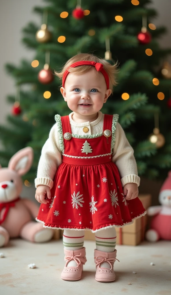 color photo, high quality, 4k, 1girl, solo, portrait, american girl, smile, winter, sweater, skirt, tights, 10 years, indoors, full body