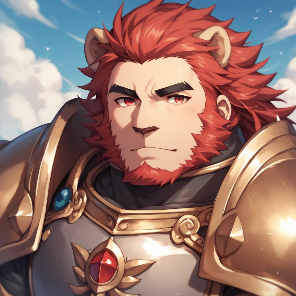 Scribble lion face,Human(lion),(armor:1.3), Chubby ,( black eyebrows :1.1),(Perfect red eyes),Red Hair，（artist:takemoto arashi），battlefield，（Great Sword:1.3），paw，（Blackbeard:1.3）。