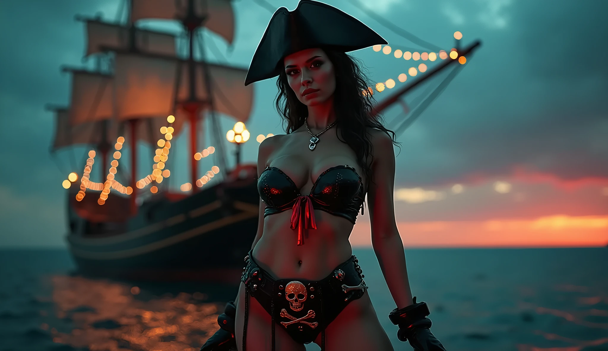 une fille, sur une ile deserte, coconut tree, beach, cliff, seulement, (bousiller, haut du corps, vue de face:1.2), yeux noirs, Jenna Ortega, Capitaine Jack Sparrow, pirate, Chapeau de pirate, tenue de pirate, corset, (seins moyens, medium breast, clivage:1.2), (chef-d'œuvre, très détaillé, regarde le spectateur, fond gris estompé brillant, fond dégradé pulvérisé, arrière-plan estompé:1.2)