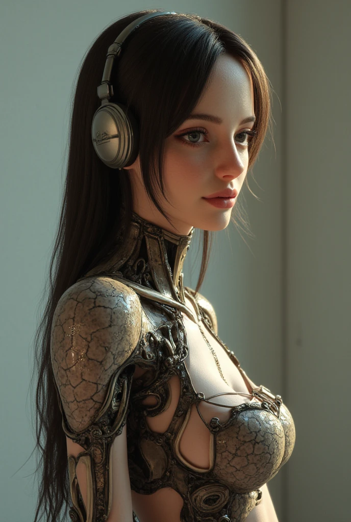 8k portrait of beautiful cyborg with brown hair, professional model smiling for the camera, intricate, elegant, highly detailed, majestic, digital photography, art by artgerm and ruan jia and greg rutkowski surreal painting gold butterfly filigree, broken glass, (masterpiece, sidelighting, finely detailed beautiful eyes: 1.2), hdr.