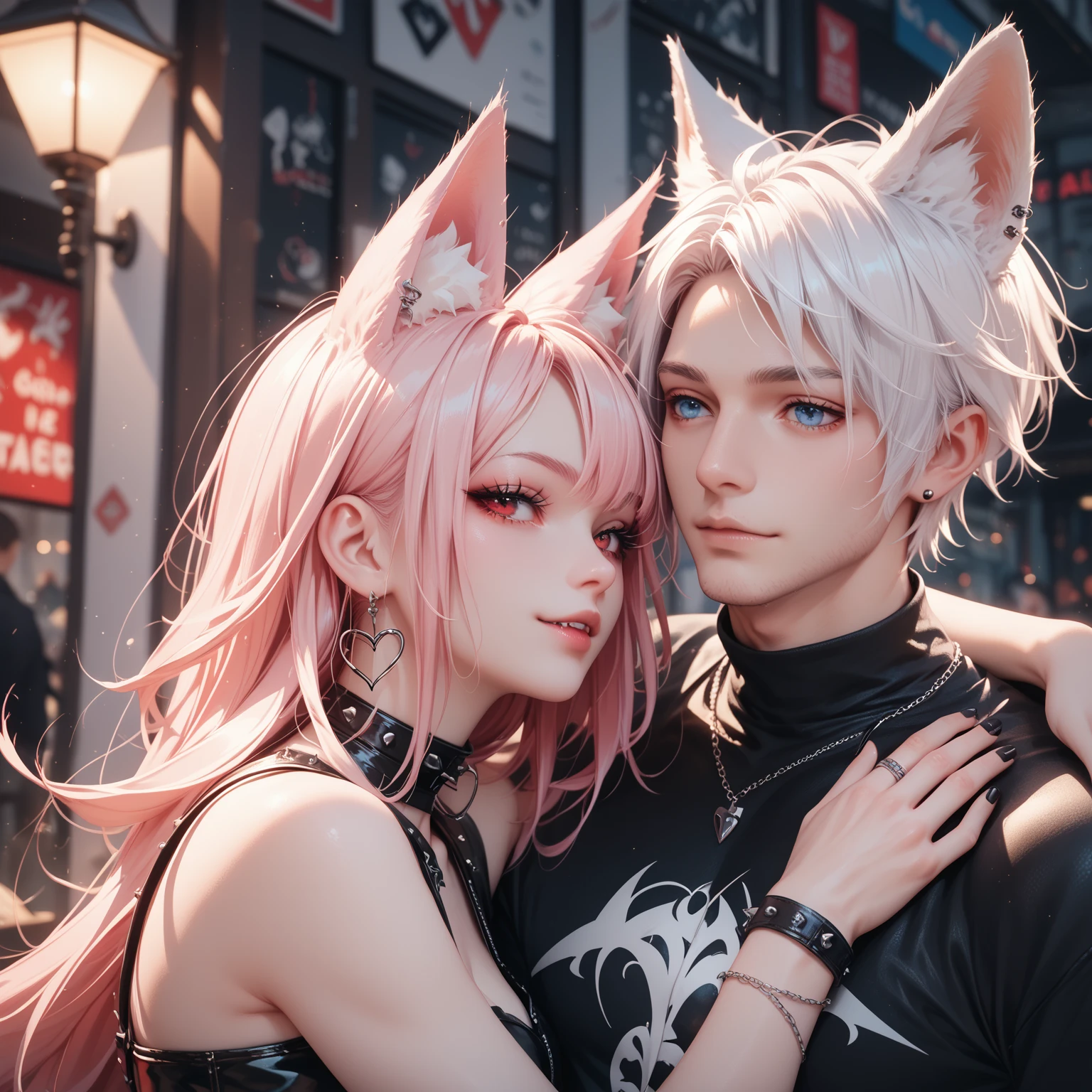 2 characters, ((First female, Long pink hair, Fox ears, Blue eyes)), Basic goth clothes, ((Second Male Short white hair, Fox ears, Red eyes)), Basic goth clothes, , Hugging tight