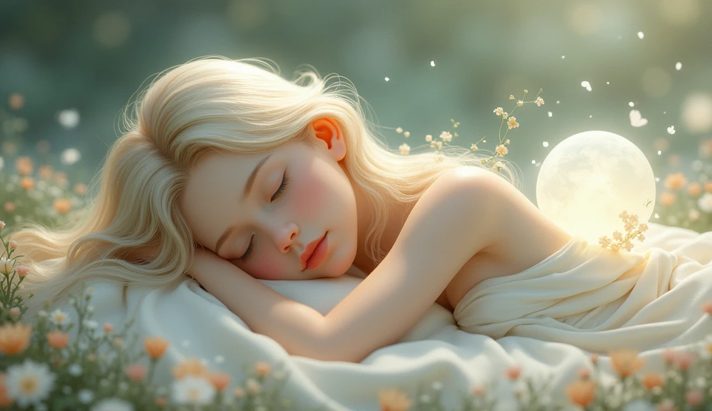 there is a young CHILD girl with a flower in her hair, beautiful languid princess, cute young girl, sleepy fashion model face, flower child, sleeping princess!!!!, girl with a flower head, beautiful young girl, beautiful young girl, beautiful young model, young woman with closed eyes, blond-haired princess, sleepy expression, beautiful girl, wearing a headband