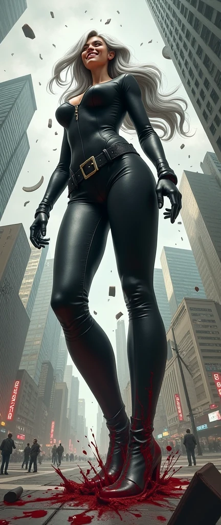 Low perspective  drawing of a silver-haired young giantess woman depicted as a giant among city skyscrapers. She is wearing a black outfit with riding boots. The character is looking down at the cityscape with a grin smirk. The character towers over the buildings, with a sense of scale and proportion to emphasize her immense size relative to the city. Tiny people are trampled under her steps, with blood splattered over her shoes.