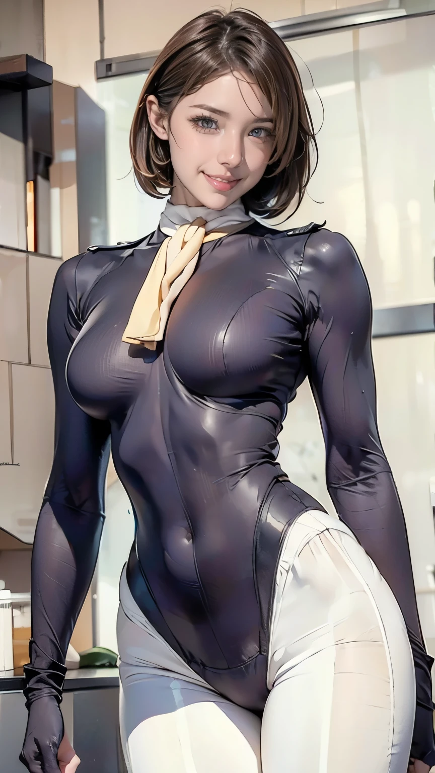 (masterpiece),(highest quality),(Very detailed),(High resolution),(Photorealistic Stick),(Realistic),(8k),(((SFW:1.5))),wallpaper,Perfect lighting,break(One Woman),((Moriyuki:1.5)),(MoriBodysuit, white bodysuit, belt:1.5),(MoriUniform, Black gloves, military uniform, brown jacket, ascot, belt:1.5),(22 years old),(((Extremely form fitting bodysuit:1.5))),(((Very detailed bodysuit drawing:1.5))),(Beautiful Eyes:1.5),(Detailed face drawing:1.5),(Detailed face drawing:1.5),((Very detailed female hand:1.5)),(Shiny skin:1.0),(((Very muscular:1.5))),((Voluminous:1.5)),(Fleshy),(((Thick thighs:1.5))),(Sensual body),(((Blur the background:1.5))),(((Seductive pose:1.5))),(((Warm-Smile:1.5)))