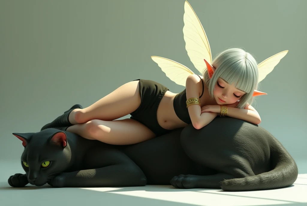 1 lady, solo, full body, A fairy elven lady is sleeping on the back of a big black cat, silver bob cut, blunt bangs, green eyes. Pointy Ears, half-closed eyes, gold bangle, bare shoulder black mini dress, black short boots, simple background