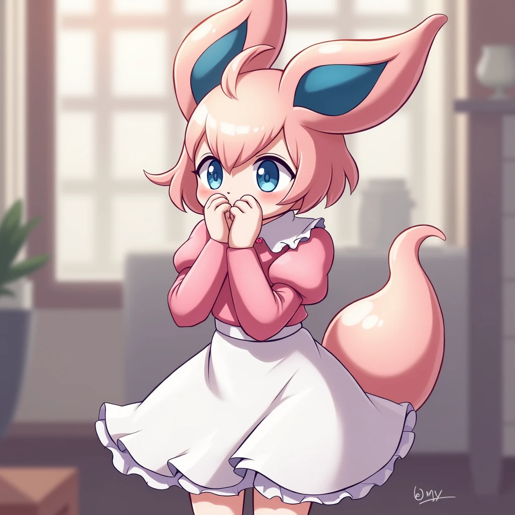 Alone, score_9,score_8_above,score_7_above,   an anthropomorphic hairy female Sylveon, blue sclera,  White eyes, wearing a pink blouse,  white shirt ruffled skirt ,  inside the house , shy pose, Hands on her face 