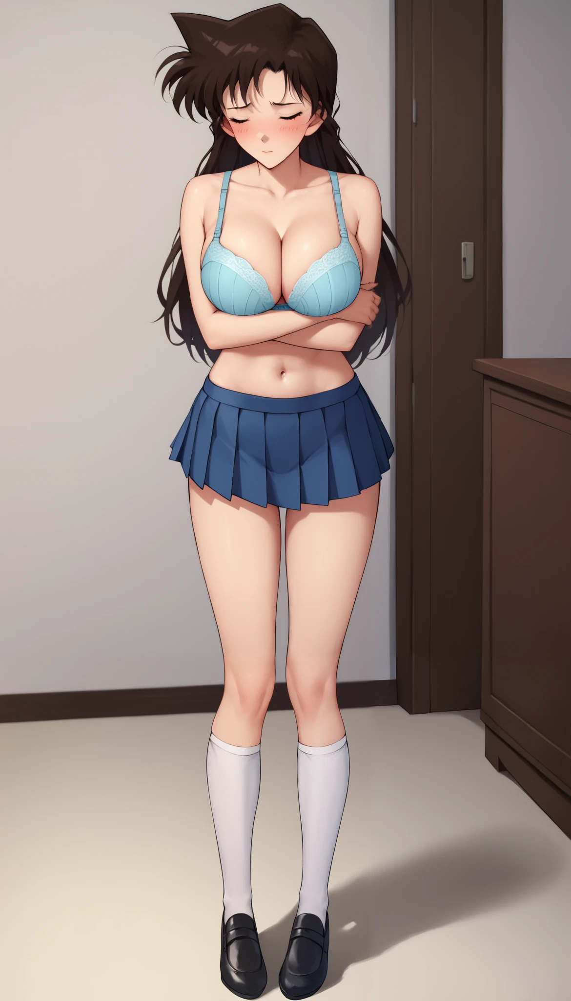 RanMoriDCXL, 1 girl, ran mori, detective conan, blue eyes, dark brown hair, blush, long hair, 1 pointed hair, bangs, ((thigh high socks:1.0)), large breasts, slender body, ((tall body:1.2)), ((long legs:1.0)), red face, ((hesitant)), shy, embarrassed, ((eyes closed shut squint:1.2)), face turned away, wrinkle lips, blue pleated short skirt, white stockings, black shoes, solo, standing, indoors, front view, full body front view, straight front no angle, zoom out, ((hands crossed:1.2)), ((bare shoulder:1.2)), standing straight, cleavage, ((pale light blue bra)), ((breasts out)), collarbone, ((expose full breasts)), ((bare naval)),((bare torso)), ((bare belly button)), 