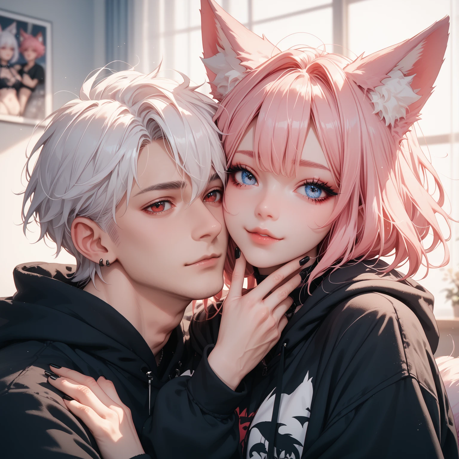 2characters, ((First female, Long pink hair, Fox ears, Blue eyes)), Basic goth hoodie, ((Second Male Short white hair, Fox ears, Red eyes)), Basic goth hoodie, , Hugging face to face