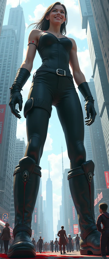 Low perspective of a young giantess woman depicted as a giant among city skyscrapers. She is wearing a black outfit with riding boots. The character is looking down at the cityscape with a grin smirk. The character towers over the buildings, with a sense of scale and proportion to emphasize her immense size relative to the city. Tiny people are trampled under her steps, with blood splattered over her shoes.