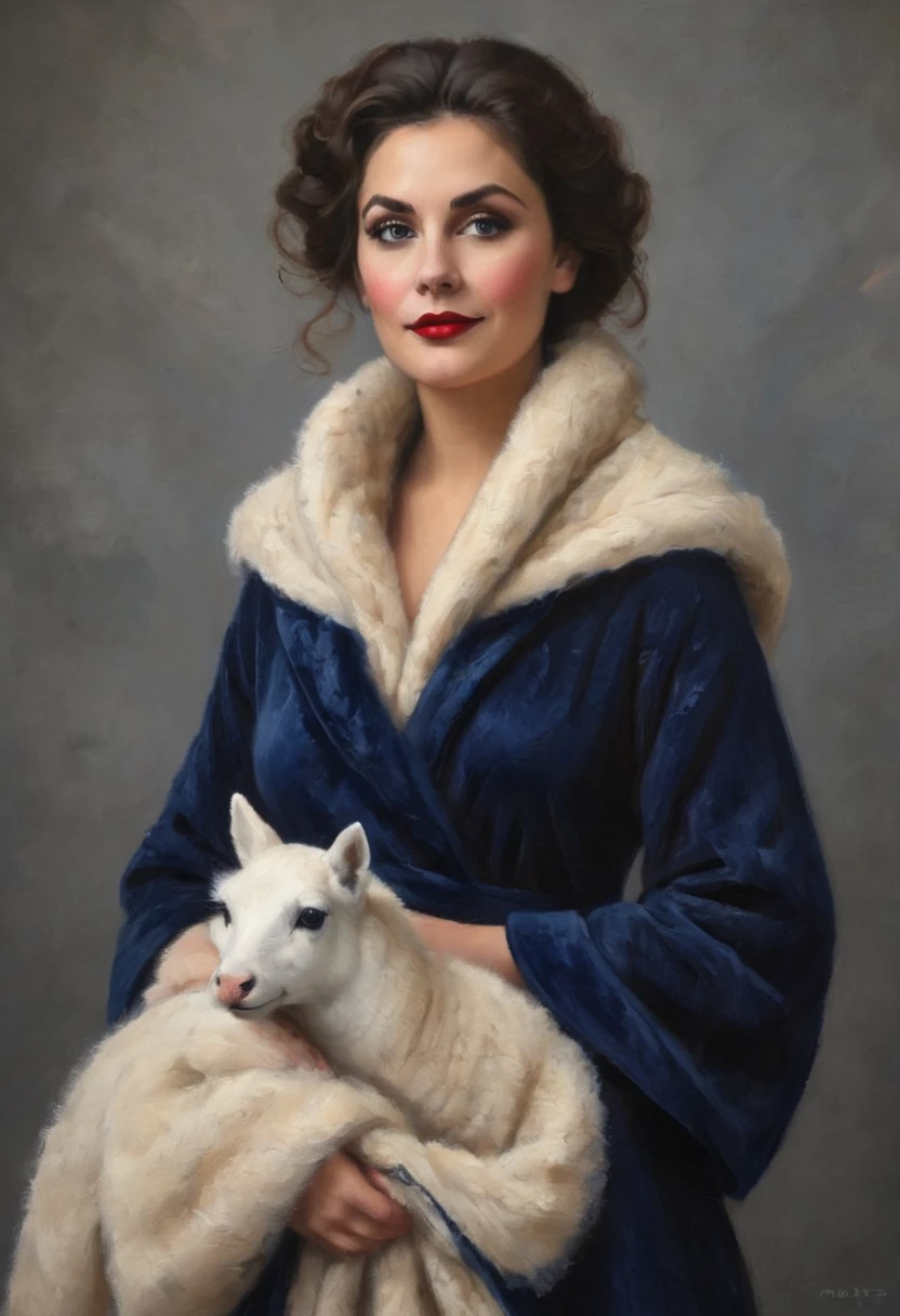 The Big Hero, Aunt Cass, (airy small colorful night gown, open, no underwear), christmas decorated living room, kneeling on a rug by the fireplace, playing with a fluffy bunny, sultry looks to viewer
