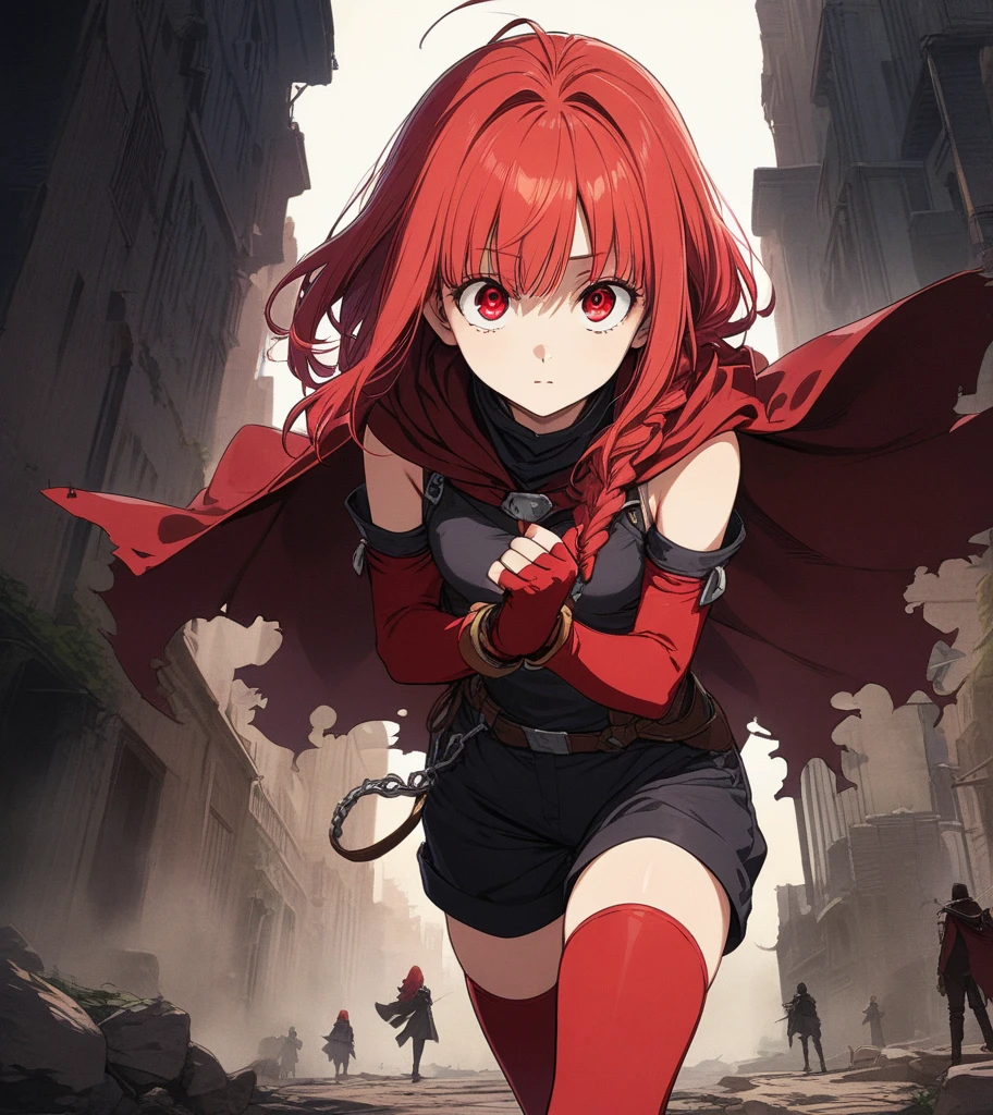 grimgaryume, yume, long hair, (red eyes:1.5), braid, red hair, single braid, BREAK thighhighs, gloves, boots, shorts, elbow gloves, fingerless gloves, cape, black shorts, red thighhighs, BREAK looking at viewer, BREAK outdoors, BREAK (masterpiece:1.2), best quality, high resolution, unity 8k wallpaper, (illustration:0.8), (beautiful detailed eyes:1.6), extremely detailed face, perfect lighting, extremely detailed CG, (perfect hands, perfect anatomy),
