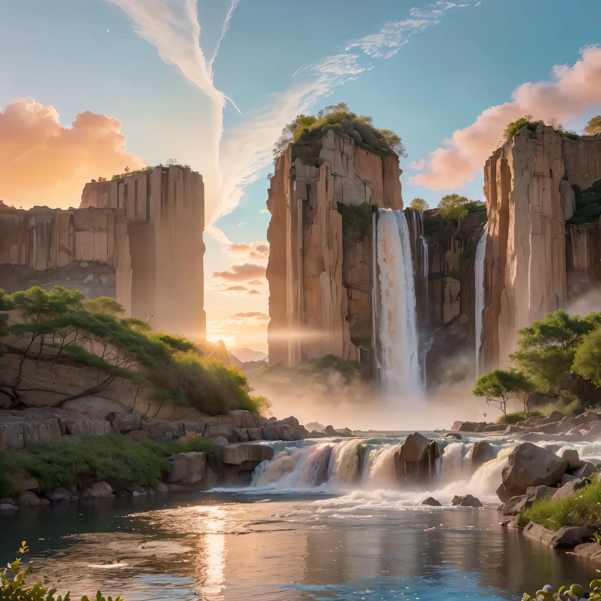 (8k, highest quality, masterpiece, final fantasy style: 1.2), (unRealistic, photoRealistic: 1.37), Dreamy landscape, epic scenes, sunset, Fantasy, Unsurreal landscapes, Super detailed, Flying futuristic Castle, Floating Island in the Sky, Seven-colored swirl of light, Intense lightning, nebulas,Complex Light, Colored light, blue clear Large Lake, Starry sky reflected on the lake surface, Countless shining stars, Meteors, Reflections , (A pillar of light emanated from the ground:1,2), (((roses and orchids gardens , bright sunset, pink and blue clouds, waterfalls in the sky, realistic style))), Hyperrealistic drawing , burning futuristic skyscrapers, , timeless realms, healing light magic effect, in a crystal clear blue magical lagoon of the fairyland, crystal clear waters with silver surface reflections, sharp focus, (close-up:0.9), (bright white theme:1.2), (bright white tone:1.2), (deep blue tone:1.3),((( realistic, Hyperrealism, vivid colours , landscapes , alien nature , science fiction themes))), mountains and abyss, water resources and waterfalls , fog ,