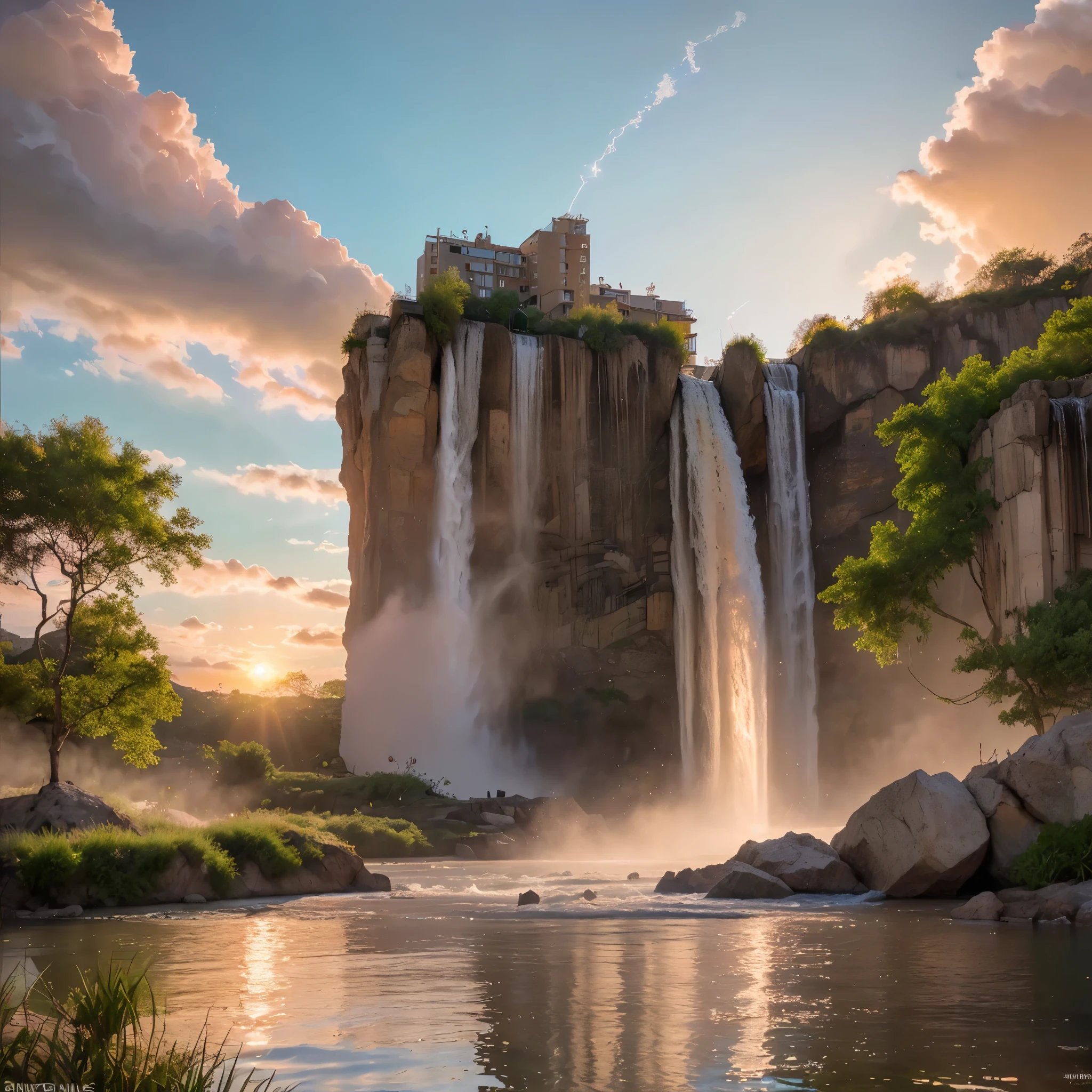 (8k, highest quality, masterpiece, final fantasy style: 1.2), (unRealistic, photoRealistic: 1.37), Dreamy landscape, epic scenes, sunset, Fantasy, Unsurreal landscapes, Super detailed, Flying futuristic Castle, Floating Island in the Sky, Seven-colored swirl of light, Intense lightning, nebulas,Complex Light, Colored light, blue clear Large Lake, Starry sky reflected on the lake surface, Countless shining stars, Meteors, Reflections , (A pillar of light emanated from the ground:1,2), (((roses and orchids gardens , bright sunset, pink and blue clouds, waterfalls in the sky, realistic style))), Hyperrealistic drawing , burning futuristic skyscrapers, , timeless realms, healing light magic effect, in a crystal clear blue magical lagoon of the fairyland, crystal clear waters with silver surface reflections, sharp focus, (close-up:0.9), (bright white theme:1.2), (bright white tone:1.2), (deep blue tone:1.3),((( realistic, Hyperrealism, vivid colours , landscapes , alien nature , science fiction themes))), mountains and abyss, water resources and waterfalls , fog ,
