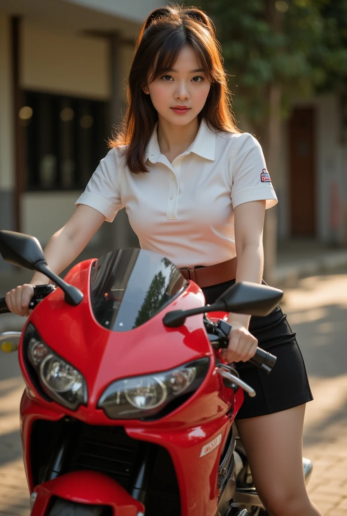 a beautiful young female student riding a 1500cc sport red motorcycle, parked with hands on the handlebars, look at camera, ponytail hairstyle, highly detailed, photorealistic, 8k, hyperrealistic, masterpiece, intricate details, vivid colors, warm lighting, chiaroscuro lighting, elegant, cinematic, dramatic,Mahalai uniform,white short sleeve shirt,short black pencil skirt,brown belt