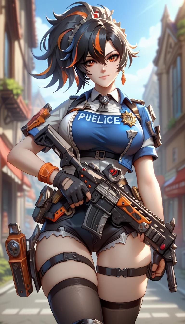 ultra-detailed, 1girl, zhu yuan, Zenless Zone Zero, (best quality), ((masterpiece)), (highres), 16K, orange eyes, perfect face, long hair, black hair, ponytail, streaked hair, wearing police uniform, wearing bootyshorts, two-tone vest, thigh straps, knee pads, holster, black gloves, belt, black thighhighs, busty body, large breasts and a beautiful ass, showcasing cleavage, legs, hips, holding assault rifle, looking at viewer, smile, detailed body, thigh details, streets background