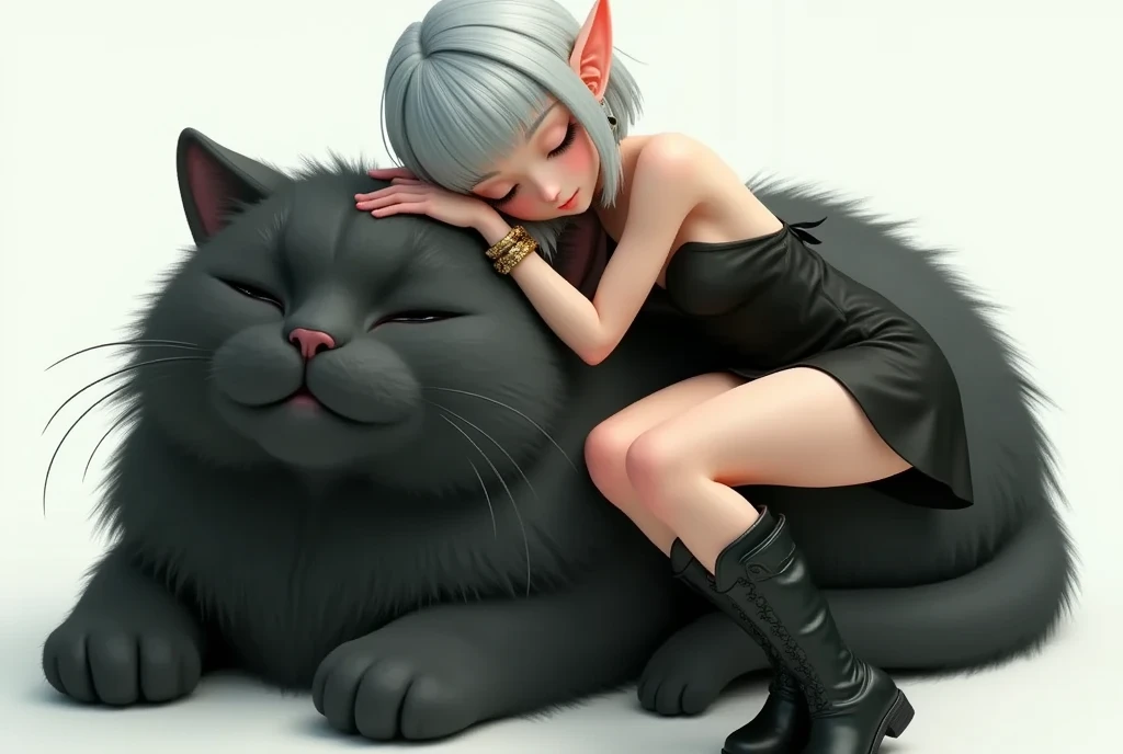 1 lady, solo, full body, A elven lady is sleeping on the back of a big fluffy black cat, silver bob cut, blunt bangs, green eyes. Pointy Ears, half-closed eyes, gold bangle, bare shoulder black mini dress, black short boots, simple background