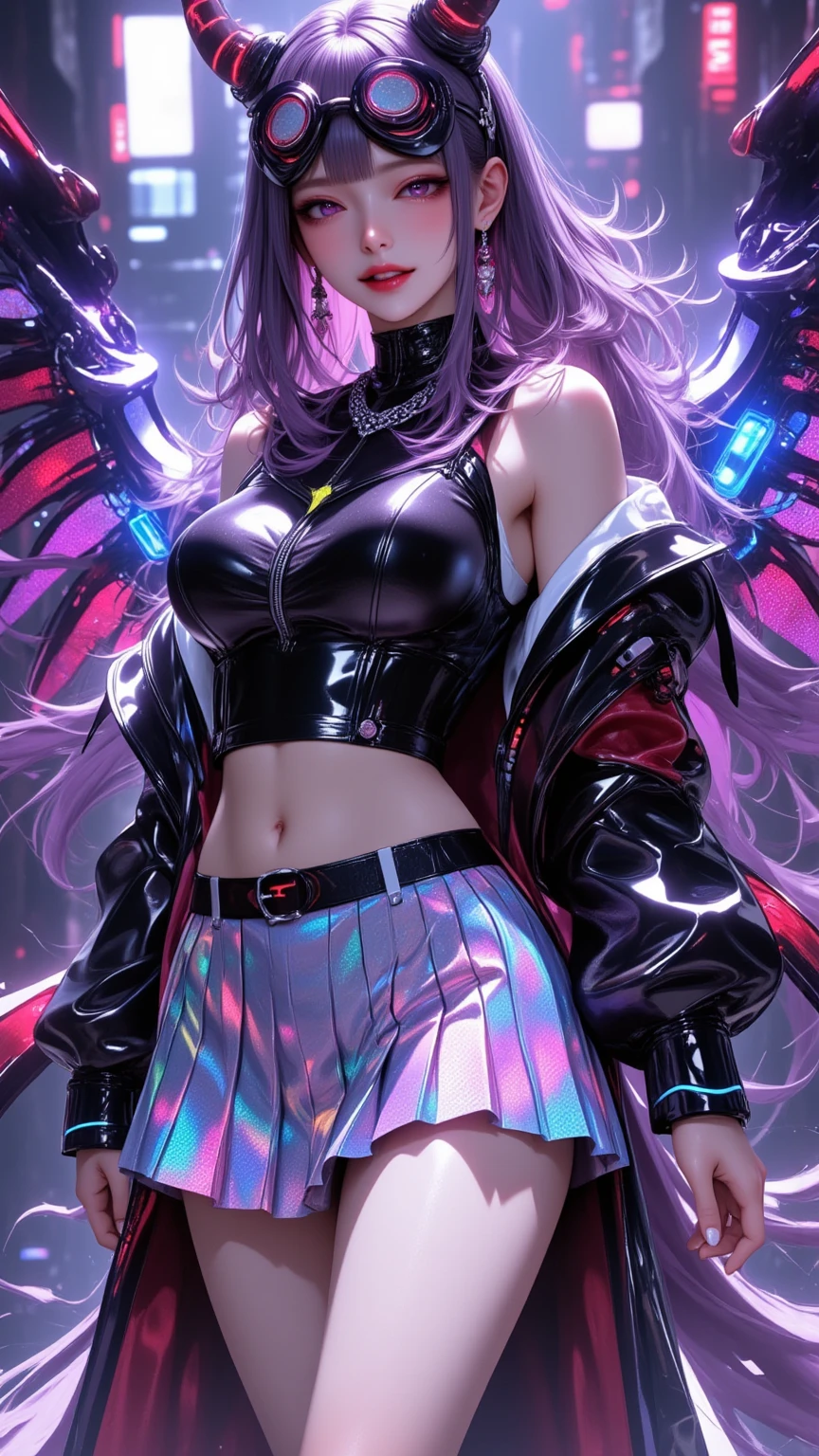 One young and beautiful woman,(Best Quality, very detailed depiction, Incredibly Absurd High Resolution ,High quality anime drawings:2.0),(Virtual idol wearing a cyber-inspired villain costume ),( Action Poses Like a Sci-fi Hero Show ),( The design combines futuristic and diabolical elements with classic maid features, villain style makeup with dark lipstick and eyeshadow , Cropped Jacket with Metal Shines and Epaulettes , Black Leathery High Neck Top ,Holographic pleated skirt with double hem and LED lights, Cyber Goggles or Glowing Hair Accessory , Metal Garter Belt or Chain belt , thick bottom platform shoes with glowing elements and mechanical details , red and neon blue accents based on metal silver and black , Strong cyberpunk feeling incorporating electronic lights and LEDs throughout the costume , Mechanical Horns Over Her Head , Mechanical Wings to Highlight a Cyberpunk Look ),(Purple Eyes, half-closed eyes, bewitching smile), full body image:2.0, standing:2.0,Inside electronic space , Virtual Space, Unreal World 