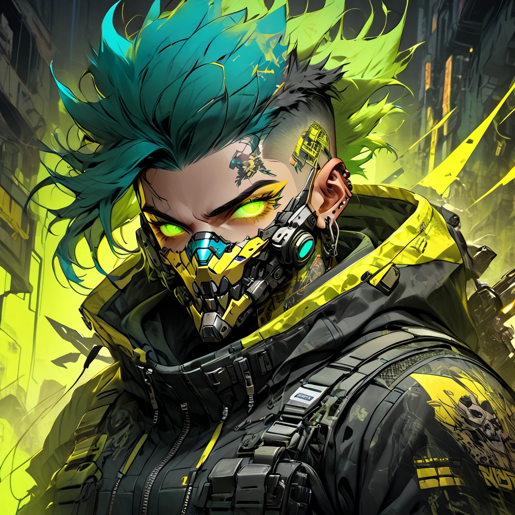 cyborg, 1_man_cyberpunk_2077, barghest, neon yellow and black techwear, cyberpunk backdrop, neongreen short hair, golden skullmask over his mouth, neongreen glowing eyes, tattoos on lower arms, sprinting
