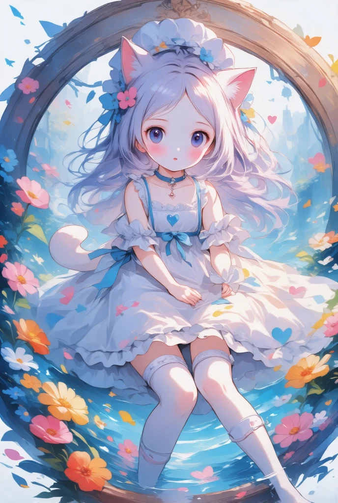 1girl, soles, solo, pink_flower, tail, cat_ears, animal_ears, blue_eyes, white_dress, dress, cat_tail, flower, feet, virtual_youtuber, breasts, thighhighs, ahoge, looking_at_viewer, purple_hair, strap_slip, hair_ornament, foot_focus, white_thighhighs, cat_girl, no_shoes, heart, choker, wrist_cuffs, toes, blush, hat, ribbon
