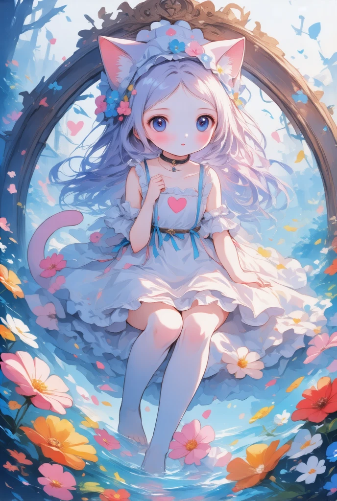 1girl, soles, solo, pink_flower, tail, cat_ears, animal_ears, blue_eyes, white_dress, dress, cat_tail, flower, feet, virtual_youtuber, breasts, thighhighs, ahoge, looking_at_viewer, purple_hair, strap_slip, hair_ornament, foot_focus, white_thighhighs, cat_girl, no_shoes, heart, choker, wrist_cuffs, toes, blush, hat, ribbon
