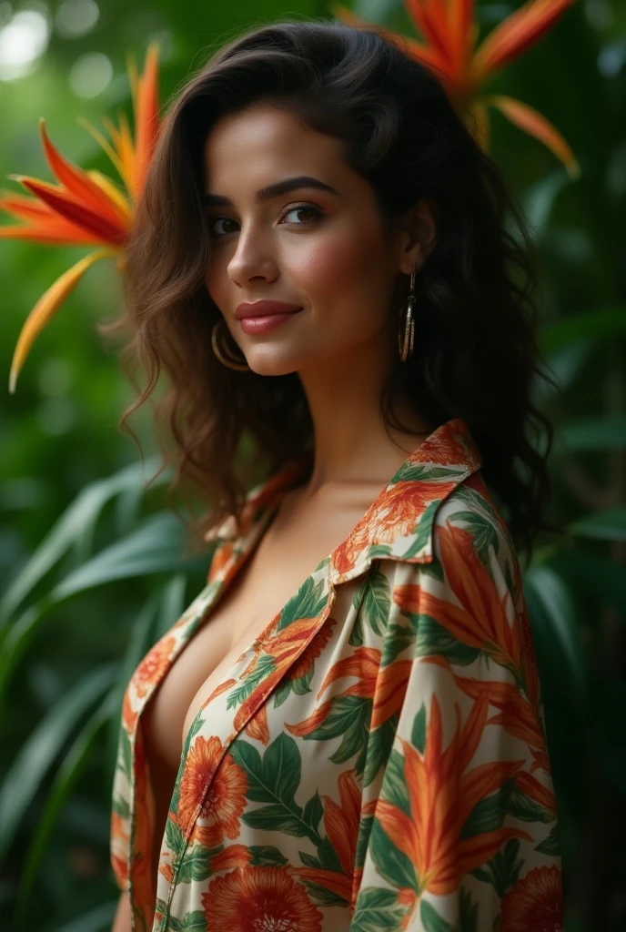 Produce a cinematic, best quality image of a Spanish woman with a cute, smooth face, big round chest, and detailed skin. She should be wearing a colorful, attractive dress, with thick eyebrows, curly hair, and beautiful makeup, looking directly at the camera.