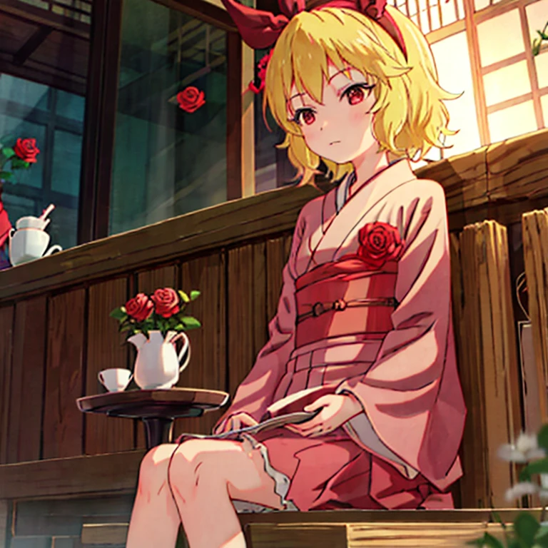 Kagamine rin , Blonde 、、Red eyes、Beautiful girl alone、kimono、Mini skirt、Vibrant red rose garden、 sitting