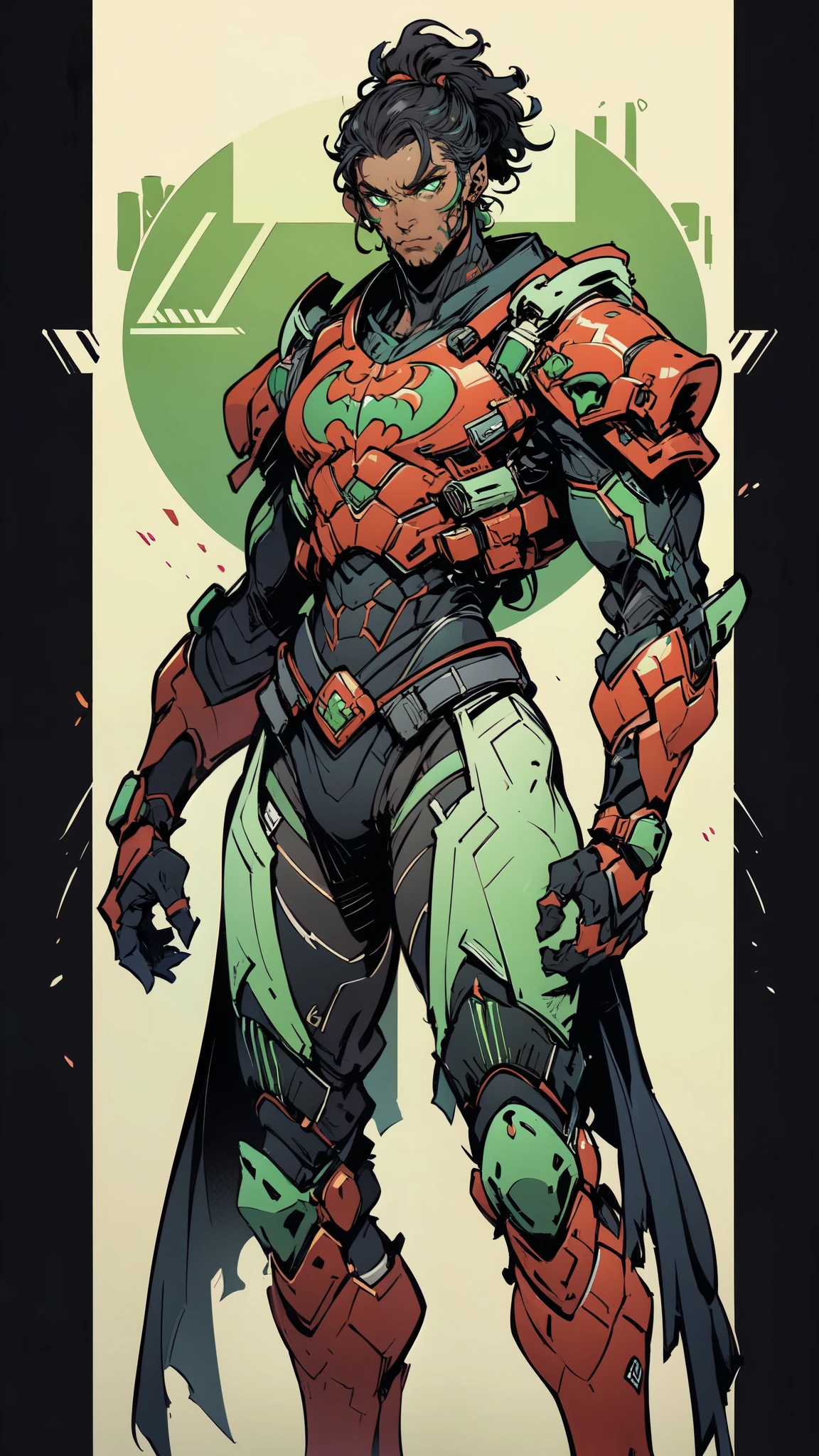 (masterpiece:1.5, best quality:1.5, extremely delicate:1.5), ((male:1.5)), a man wearing a full-face helmet, green eyes, fantasy-style high-tech biomimetic armored combat suit, (a composite layered chest armor), the design balances heavy with agility, fully enclosed shoulder guards, matching arm and leg guards, a belt of gemstone, (the color scheme is primarily Scarlet with Green and White accents, Organic Biotech, Concept Inspired by Batman, glowing eyes, armor glows, stand of a futuristic sci-fi city), this character embodies a finely crafted fantasy-style armored hero in anime style, exquisite and mature art style, metallic, high definition, highres, ultra-detailed, ultra-fine painting, professional, perfect body proportions, golden ratio, anatomically correct, symmetrical face, extremely detailed eyes and face, high quality eyes, creativity, RAW photo, UHD, 32k, Natural light, cinematic lighting, masterpiece-anatomy-perfect