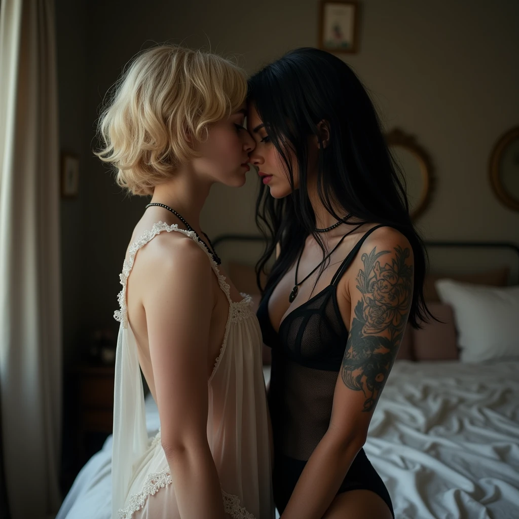 Beautiful albino girl wears black lingerie, she has round and big boobs, ,she sits on the lap of purple haired woman who wears maroon red lingerie, their bodies are filled by bite love marks and lip scars