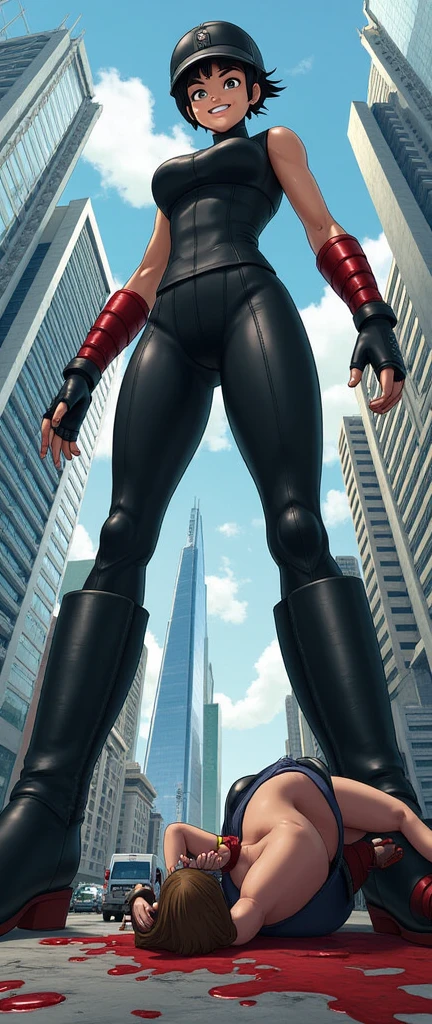 Low perspective of a young giantess woman depicted as a giant among city skyscrapers. She is wearing a black outfit with riding boots. The character is looking down at the cityscape with a grin smirk. The character towers over the buildings, with a sense of scale and proportion to emphasize her immense size relative to the city. Tiny people are trampled under her steps, with blood splattered over her shoes.