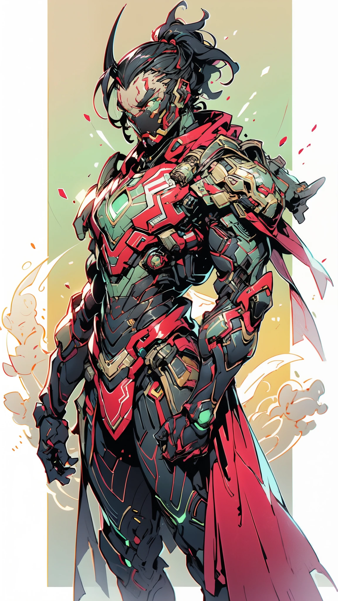 (masterpiece:1.5, best quality:1.5, extremely delicate:1.5), ((male:1.5)), a man wearing a full-face helmet, green eyes, fantasy-style high-tech biomimetic armored combat suit, (a composite layered chest armor), the design balances heavy with agility, fully enclosed shoulder guards, matching arm and leg guards, a belt of gemstone, (the color scheme is primarily Scarlet with Green and White accents, Organic Biotech, Concept Inspired by Iron man, glowing eyes, armor glows, stand of a futuristic sci-fi city), this character embodies a finely crafted fantasy-style armored hero in anime style, exquisite and mature art style, metallic, high definition, highres, ultra-detailed, ultra-fine painting, professional, perfect body proportions, golden ratio, anatomically correct, symmetrical face, extremely detailed eyes and face, high quality eyes, creativity, RAW photo, UHD, 32k, Natural light, cinematic lighting, masterpiece-anatomy-perfect