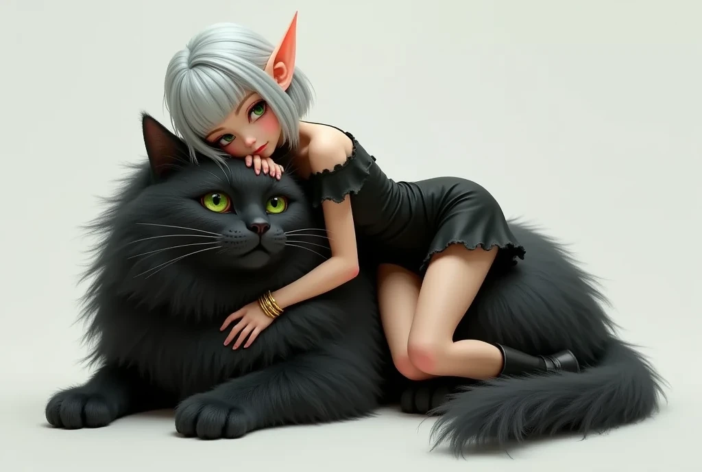 1 lady, solo, full body, A elven lady is sleeping on the back of a big fluffy black cat, silver bob cut, blunt bangs, green eyes. Pointy Ears, half-closed eyes, gold bangle, bare shoulder black mini dress, black short boots, simple background