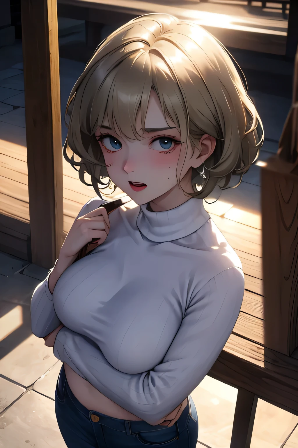 Masterpiece, Best Quality, Coloured image,Hi-Res, source_anime, (good_hands:0.9) , 1girl, black eyes, focused eyes, silver light brown coloured hair, short curly hair, white plain oversized sweater, medium breast, curvy body, blue jeans, looking at viewer, from above.stand, High Contrast Glossy Oily Skin, amusement park, shy ,scared, outdoor, daylight, dramatic shadows, cinematic sun lighting, (light particles:0.8)