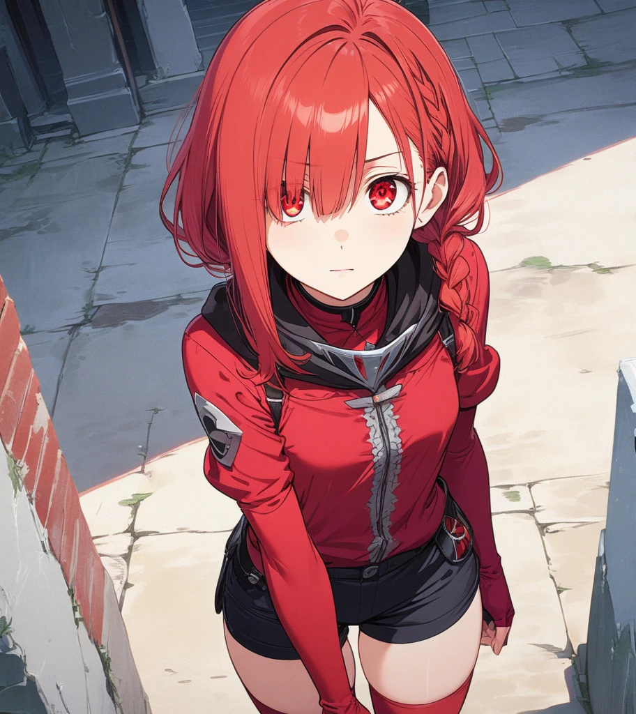 grimgaryume, yume, long hair, (red eyes:1.5), braid, red hair, single braid, BREAK thighhighs, gloves, boots, shorts, elbow gloves, fingerless gloves, cape, black shorts, red thighhighs, BREAK looking at viewer, BREAK outdoors, BREAK (masterpiece:1.2), best quality, high resolution, unity 8k wallpaper, (illustration:0.8), (beautiful detailed eyes:1.6), extremely detailed face, perfect lighting, extremely detailed CG, (perfect hands, perfect anatomy),
