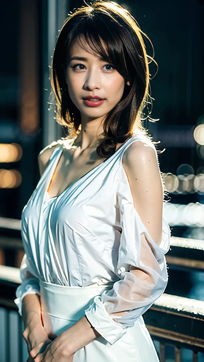 masterpiece, best quality, 16K, city, old woman, glad, smiling, standing, looking at viewer, front view, long hair, wave hair, black hair, eyes open, (large breasts:1.28), (wrinkles corners eyes:1.38), (nasolabial:1.38), (old skin:1.38), wrinkles skin, freckled skin, pale skin, (old muscles:1.2), slender, (blue parka), (white t-shirt), (black mini skirt), (piercing), (necklace), (lblack ong boots), freckles, old, middle-aged, japanese, outside, in the city, at night, nsfw, full body shot, from behind