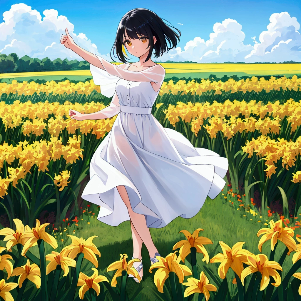 Girl dancing on the Hemerocallis flowers field, white dress, black hair, background sunny blue sky, 