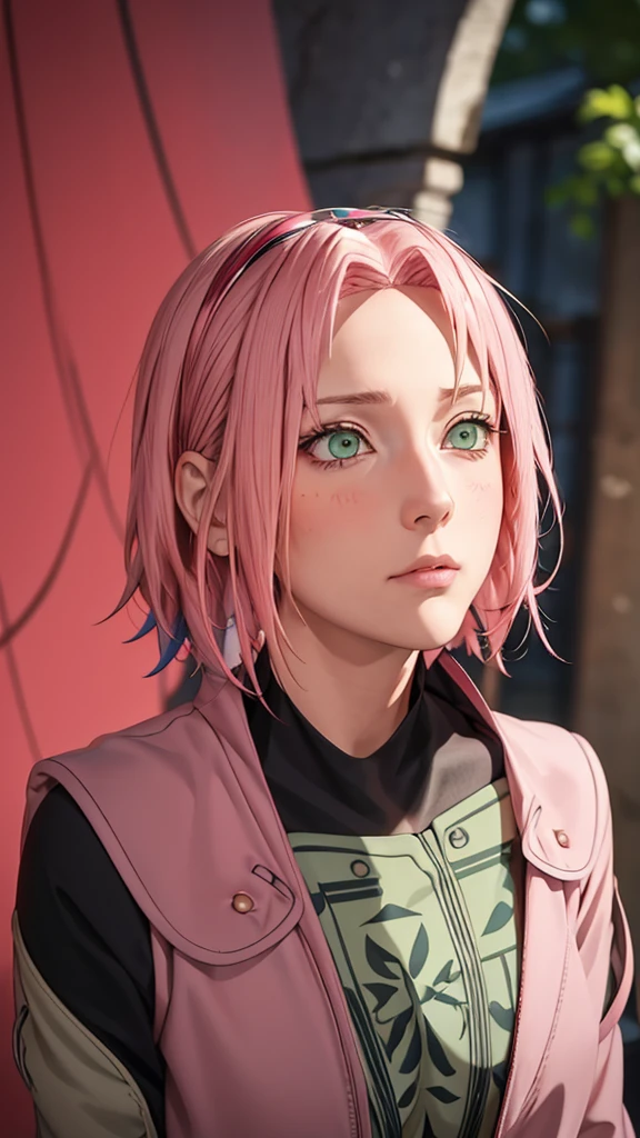 (((short hair,pink hair(((danya,Sakura,green eyes,bangs,forehead protector, shinobi symbol, ))),((masterpiece)),high resolution, ((Best quality at best)),masterpiece,quality,Best quality,((( Exquisite facial features,looking at the audience,There is light in the eyes,blush,laughing out loud,happy,excited ))),