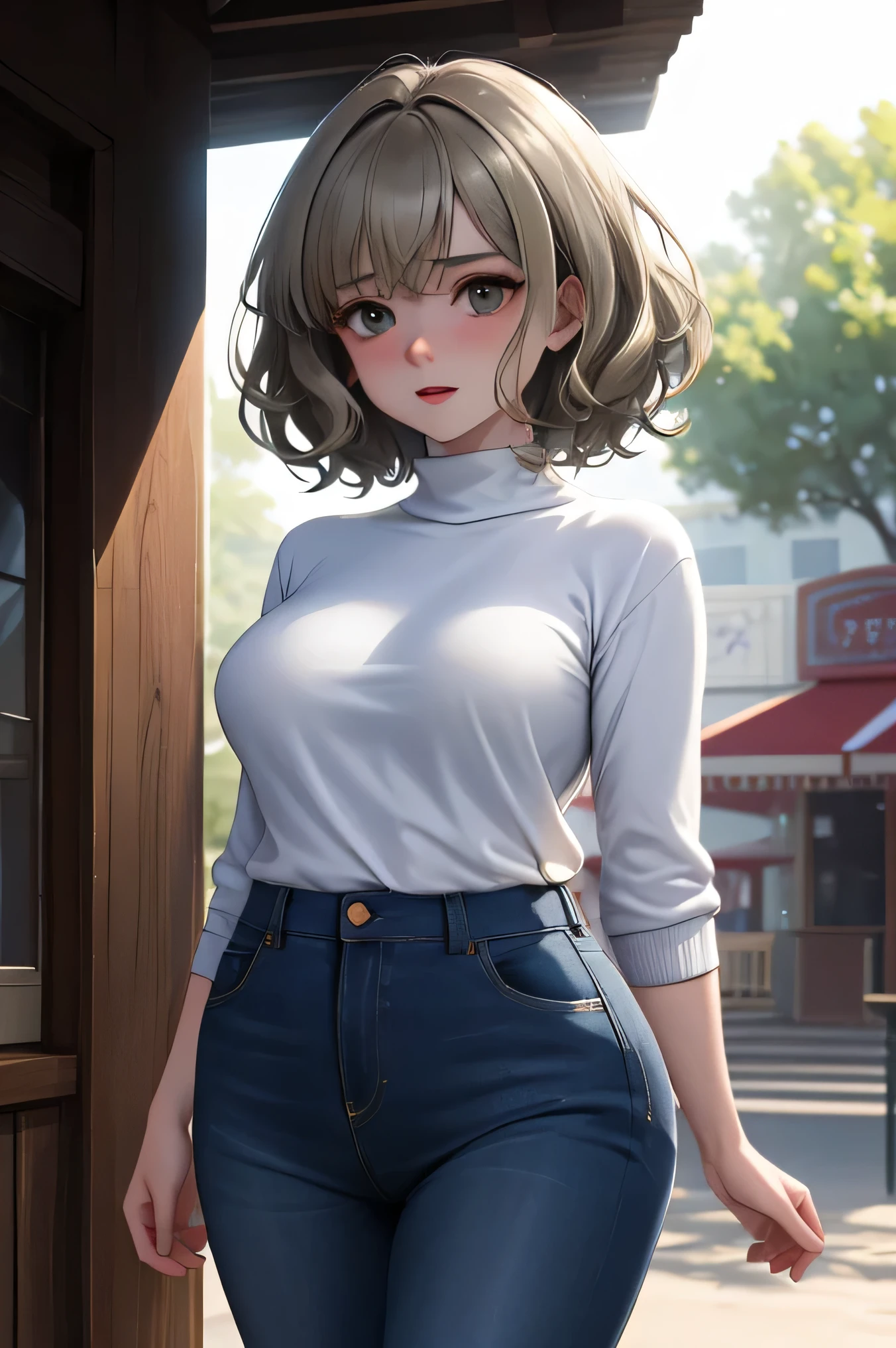 Masterpiece, Best Quality, Coloured image,Hi-Res, source_anime, (good_hands:0.9) , 1girl, black eyes, focused eyes, silver light brown coloured hair, short curly hair, oversized sweater, medium breast, curvy body, blue jeans, looking at viewer, from front.stand, High Contrast Glossy Oily Skin, amusement park, shy ,scared, outdoor, daylight, dramatic shadows, cinematic sun lighting, (light particles:0.8)