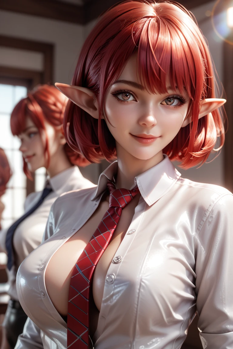 2 girls buttoned in extremely tight shiny silver leather blouse,langes Haar, Bangs,  red hair, Breasts, Lens reflection, Reflected light, Are there at home , Necktie, seductive smile , pointed ears, 