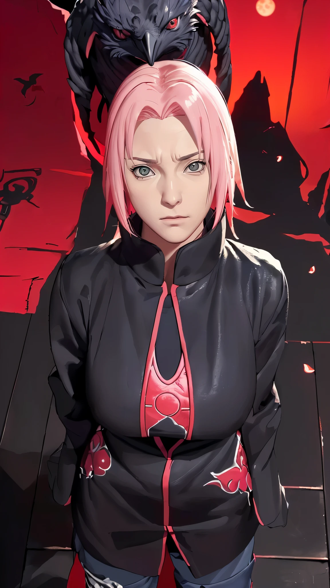 (((figure,御姐figure,White and tender skin,(((akatsuki outfit,coat, cloak, black coat, black cloak, ( Xiao uniform :1.5),))),(((Sasuke Boruto,sakura warshippuden, red eyes, bangs,Pink short hair))),,((masterpiece)), highres icon,((Best quality at best)),masterpiece,quality,Best quality,((( to the audience,Light in the eyes,sneer))), huge chest,Backlight,The light is very dim,look up,From above,crow,Red Moon,The background of depression and horror)))
